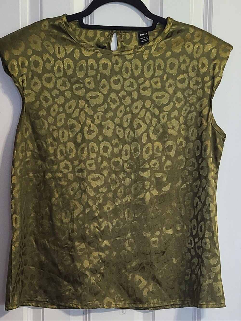 SHEIN Olive Green Metallic Leopard Print Cap-Sleeve Top